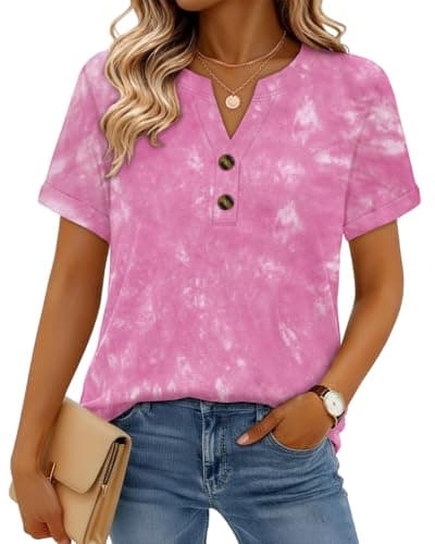 rosemia Henley Shirts for Women Short Sleeve Dressy Casual Blouses Summer V Neck Plus Size Tops 2026, Pink White Tie Dye, XL