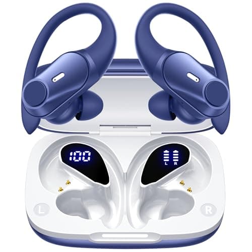 Active Noise Cancelling Ear Buds Wireless Earbuds 80H Playtime Bluetooth Headphones Over Ear Hooks Earphones with Power Display Case Hi-Res Stereo & Clear Calls for Sports Running Gym Workout Blue