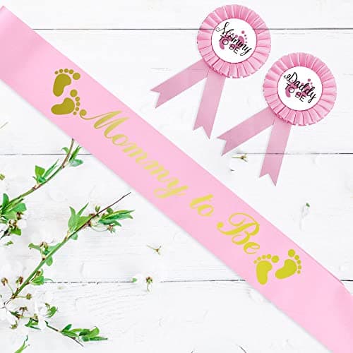 CoolerthingsDG, 3pcs, Daddy to be & Mommy to be Tinplate Badge Pink pin and one pink sash for mommy to be, with gold Letters, - Baby Shower Button New Dad Gifts Gender Reveals Party Baby Girl White and Pink Rosette Button Baby Celebration ( pink footprint)