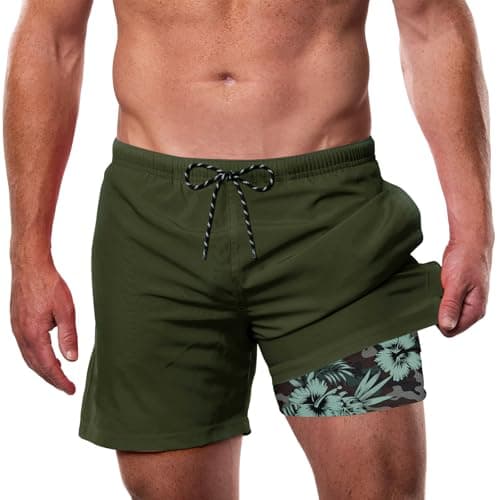 Cozople Mens Swim Trunks Quick Dry 2 in 1 Bathing Suits with Compression Liner Hibiscus Graphic UPF 50+ Board Shorts Swimwear with Boxer Brief Beach Play Sandcastle Building Wave Wading