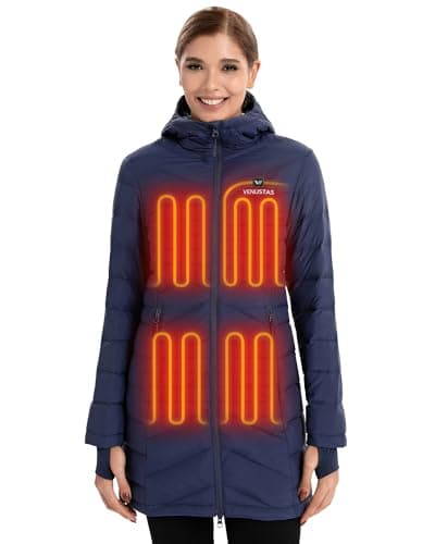 Venustas Women's Long Heated Down Jacket with Battery, 90% Duck Down Quilted Heated Puffer Jacket for Outdoor Camping Skiing