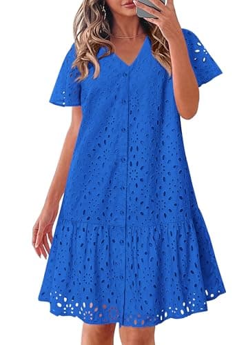 KIRUNDO Eyelet Dresses for Women Button Down Mini Babydoll,Blue,S