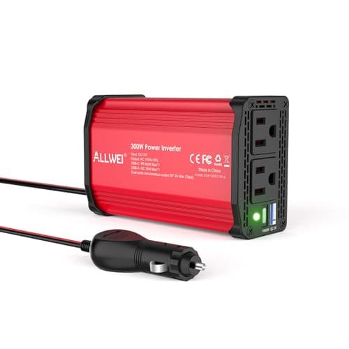 ALLWEI 300W Power Inverter DC 12V to 110V AC, Compact Car Plug Adapter Outlet with 65W PD USB-C &18W USB-A Fast Charging, Cigarette Lighter Adapter Car Charger for Phone, Laptop on Road Trip - Red