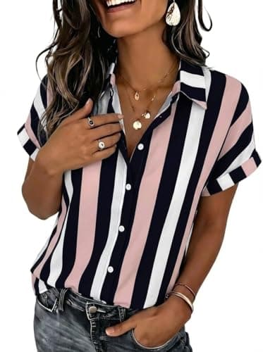 Zeagoo Short Sleeve Shirts for Women Button Down Tops Vneck Collared Striped Blouse Elegantes Dressy Casual Outfits