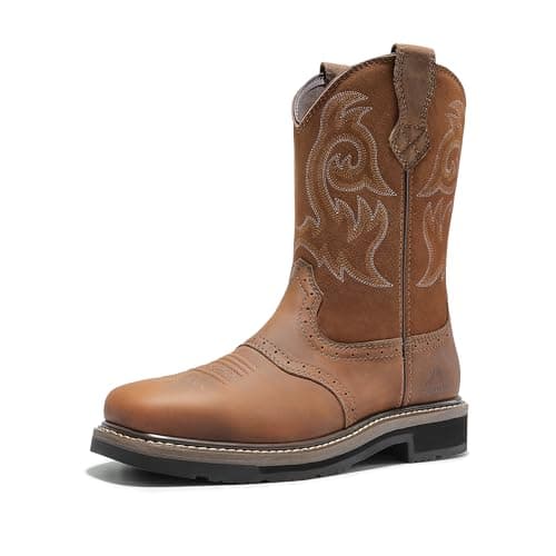 NORTIV 8 Steel Toe Cowboy Boots for Men Western Square Toe Leather Work Boots with Hazard Protection,for Construction Farming Bronco Trailblazer,Size 8.5,Light Brown