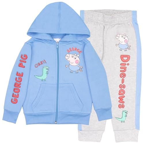 Peppa Pig George Pig Boy's 2 Piece Fleece Set - Dine-saws!! Zip Up Hoodie and Joggers Bundle for Kids and Toddlers (Blue and Gray, Size 7)