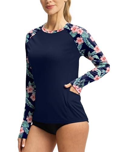 Viodia Rash Guard for Women UPF 50+ SPF UV Long Sleeve Shirts Sun Protection Quick Dry Hiking Swim Shirt with Pockets Navy Flower L
