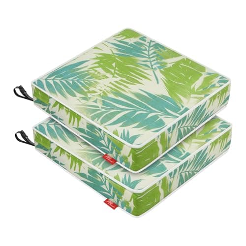 Pcinfuns Patio Chair Cushions 19x19 Inch, Water Repellent Outdoor Seat Cushions with Adjustable Straps, Fade Resistant Replacement Cushions for Garden Deck Sofa Couch, Set of 2, Green Leaf