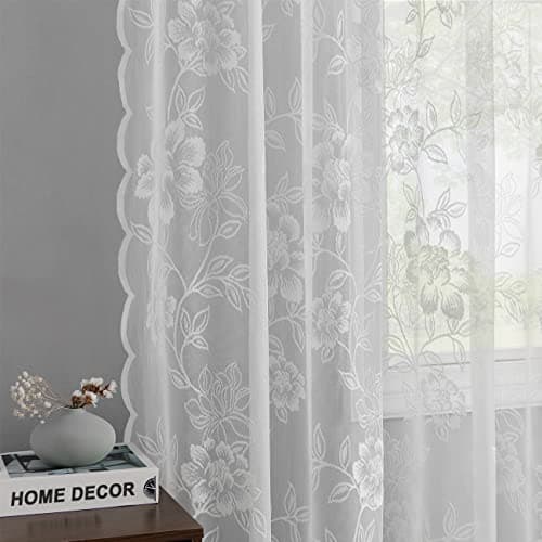 FINECITY White Lace Curtains 45 Inch Length for Windows, Country Rustic Floral Leaf Short Sheer Lace Curtains 2 Panels Set, Rod Pocket Privacy Vintage Lace Window Curtains, 52 x 45 Inch, White