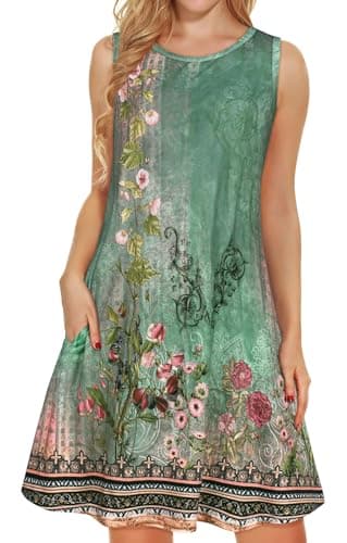 elescat Womens Summer Dresses Sleeveless Casual Tshirt Pocket Sundress Swing Beach Cover Up(Green Flroal, S)