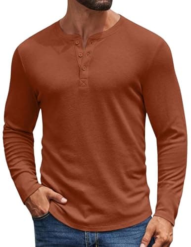 COOFANDY Men's Henley Shirts Long Sleeve 3 Button T-Shirt Casual Pullover Shirt Caramel