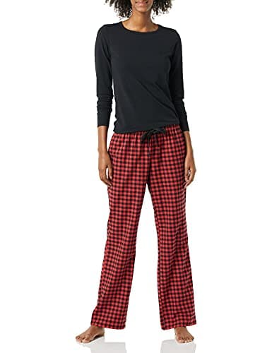 Amazon Essentials Women's Long Sleeve Knit Top and Lightweight Flannel Pajama Pant Set, Red Black Mini Buffalo Plaid, X-Small