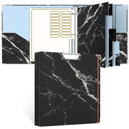 Rouidr 3 Ring Binder, 2 Inch Round Ring Binder Organizer with Clipboard, 5 Dividers Tabs, A4 8.5 x 11 Inch Paper & Clear Sleeves for School, Office Supplies, Black Textured Marble