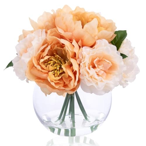 Artificial Flowers in Vase, Silk Peonies Flower Bouquet with Faux Water, Apricot & Champagne Fake Flower Arrangement for Spring Home Decor Wedding Party Dining Table Centerpiece & Mom's Birthday Gift