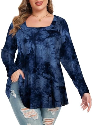 LARACE Plus Size Loose Fit Square Neck Long Sleeve Tunic Tops, T09-Blue, L