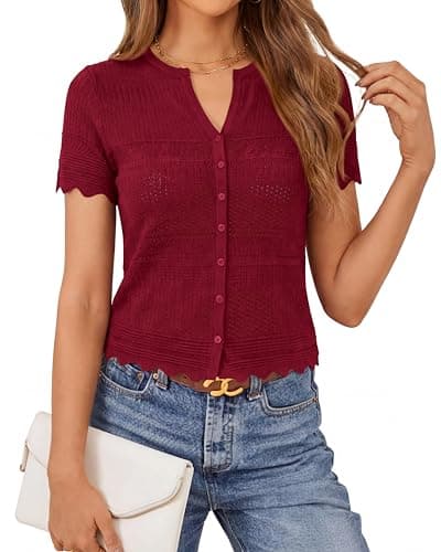dowerme Women Summer Cardigan Sweaters 2026 Fashion Short Sleeve V Neck Crochet Crop Tops Spring Beach Vacation Clothes(Burgundy,Medium)