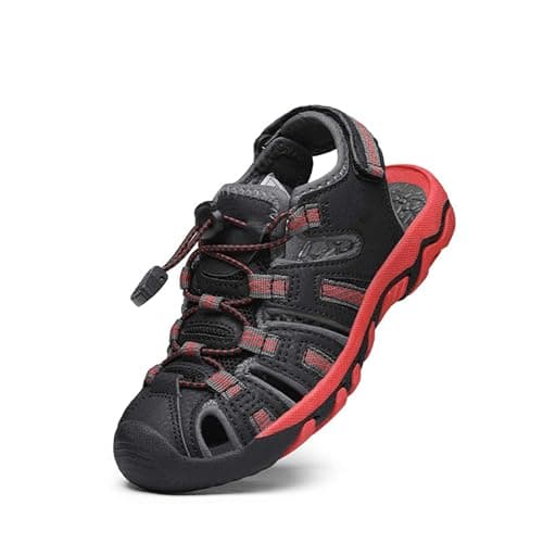 DREAM PAIRS Boys Girls Summer Outdoor Athletic Sport Sandals Walking Hiking Hook and Loop Adjustable Multicolor for Toddler/Little/Big Kids,Size 5 Toddler,Black/Grey/Red,160912-K
