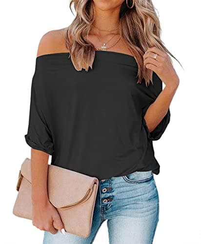 REVETRO Off The Shoulder Tops Oversized Tshirts Short Sleeve Basic Tee 2026 Cute Asymmetrical Summer Fashion Clothes S Black