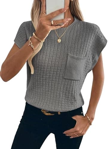 RICHSTORY Short Sleeve Sweaters for Women 2026 Spring Summer Cap Sleeve Sweaters Tops Casual Round Neck Lightweight Knit Pullover Top Grey XX-Large