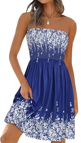 elescat Summer Dresses for Women Strapless Casual Beach Cover Ups Tube Top Sundress（Blue Floral, S