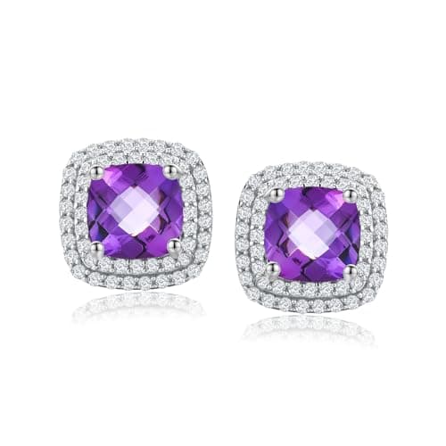 Amethyst Halo Earrings Silver Cushion Birthstone Stud Earrings for Women