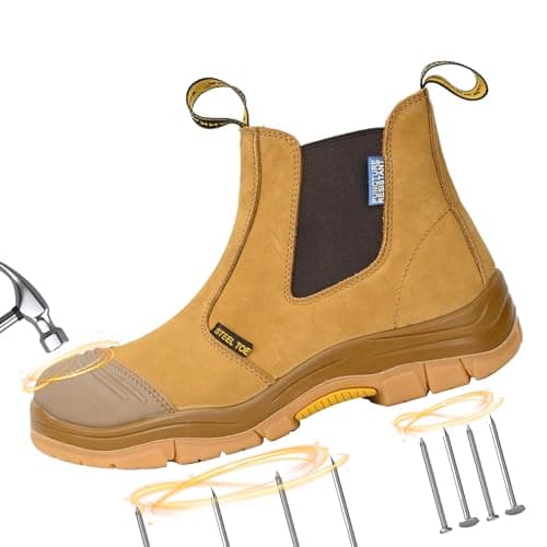 BOIWANMA Work boots for men, Steel Toe, Puncture-resistant, Pull on Chelsea Leather Safety Boots, US Size 10M