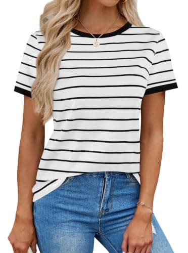 LilyCoco Women Striped Shirt Short Sleeve Color Block Tops White B X-Large