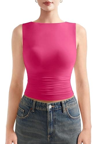SUUKSESS Women Double Lined Sleeveless Going Out Basic Tank Tops Ruched Summer Casual T Shirts (Hot Pink, Large)