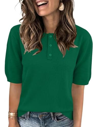 AKEWEI Womens Half Sleeve Sweaters Cropped Button Down Green Tops for Women Sweater Spring Green