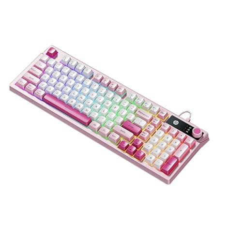 HP GK500F Mechanical Feel Membrane Keyboard, Metal Panel ABS Keycaps, 98 Keys, Soft Keys, Multimedia knob, RGB Lighting, Wireless Backlight (Office/Gaming Dual-Use),Pink & White