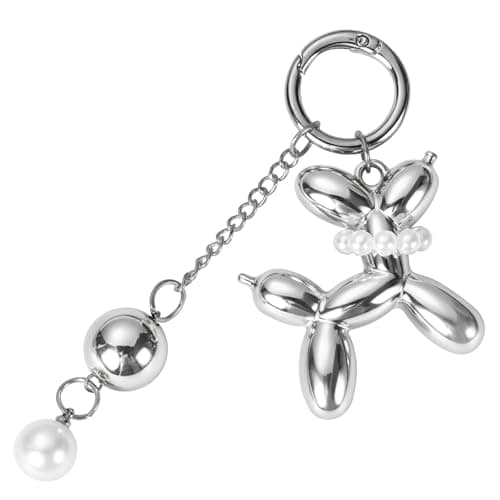 Fuerxy Balloon Dog Keychain with Pearl, Cute Girls Key Chain, Fashion Bag Charm for Purse Handbags Bag Accessories Key Charms (Silver)