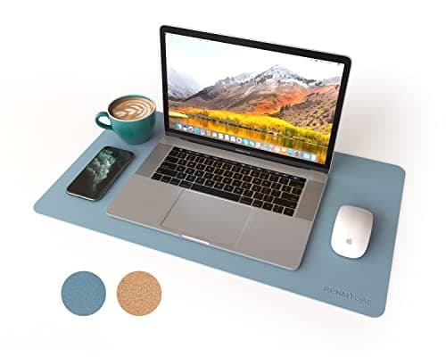 RENMTURE Dual-Sided Mouse Pad, Natural Cork & PU Leather Large Desk Pad for Office and Home Work, Desk Protector Non-Slip, Waterproof, Easy Clean (Blue Gray, 23.6" x 13.7")