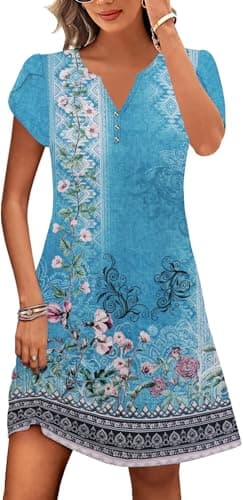 ETCYY Women's Casual T Shirt Dress Short Sleeve Summer Dresses 2026 Spring Clothes Boho Beach Vacation Sun Dress with Pockets,Floral Blue,Medium