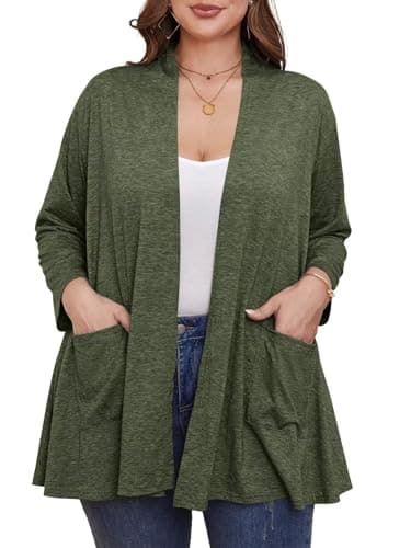 BELAROI Plus Size Lightweight Cardigan Sweaters for Women Casual Open Front 3/4 Sleeve Cover Up 1X, D-Army Green