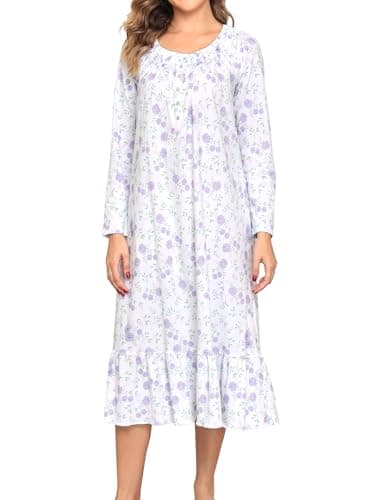 FMIRREO Cotton Nightgowns for Women Long Sleeve Soft Long Warm Nightdress Kintted Night Gown Ladies Nightdress Purple Flowers Green Leaves Large