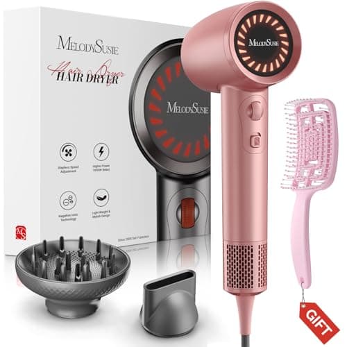 MelodySusie Hair Dryer with Diffuser, 1600W Fast Drying Low Noise Ionic Hair Dryer for Curly Hair with Diffuser,Nozzle and Hair Brush,120,000 RPM Blow Dryer Ideal for Women