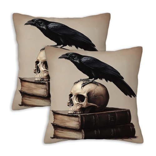 ZibZorp Raven Skull Throw Pillow Covers 18x18 Set of 2 | Gothic Dark Academia Decorative Cushion Covers | Vintage Book Black Bird Pillow Cases for Sofa Couch Bed Living Room Bedroom Decor