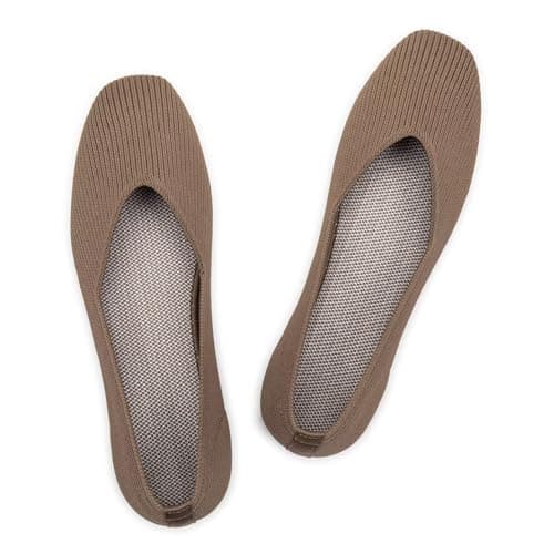 Frank Mully Womens Casual Flat Shoes Square Toe Shoes Knitted Mesh Flat Comfort Work Flat Shoes for Daily Washable Brown,10.5