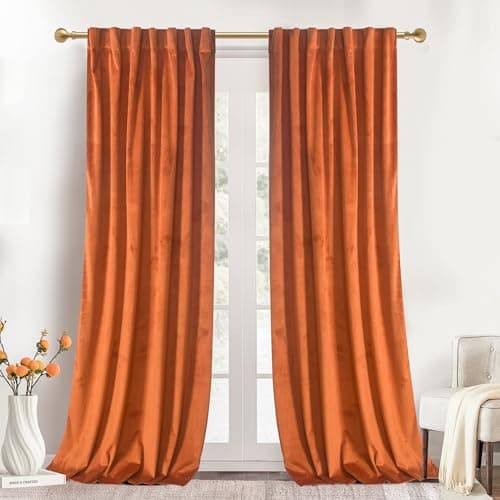 Roslynwood Luxury Soft Russet Orange Velvet Curtains 96 inches Long Back Tab Thermal Insulated Blackout Window Drapes for Living Room/Bedroom/Dining Room, W52 x L96, 2 Panels