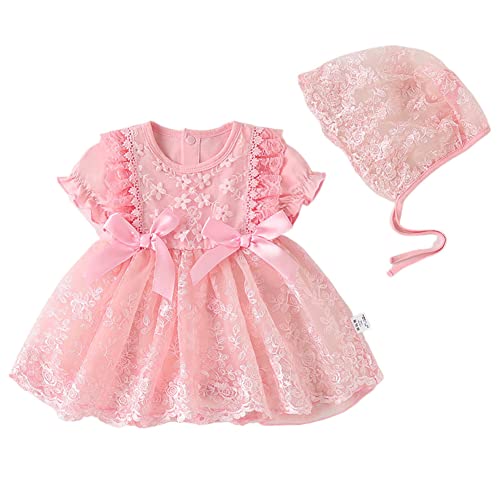 NewBorn Infant Baby Girl Fall Winter Dress Toddler Easter Birthday Outfits Long Sleeve Christening Baptism Tulle Tutu Dresses with Bonnet Flower Girl Wedding Prom Dress Pink Bow 6-9 Months