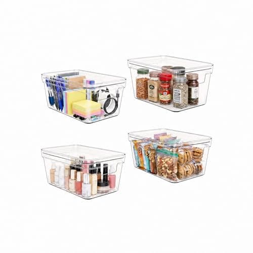MOONEDGE 4-Pack 10x6x5 Stackable Small Clear Storage Bins with Lids