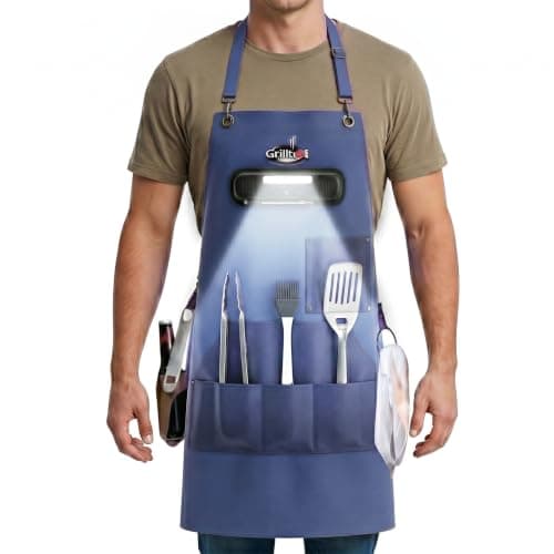 Grillbot Smart BBQ Apron for Men, LED Light, Thermometer, Speaker, Blue