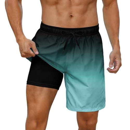 Cozople Board Shorts for Men's 7'' with Compression Liner Swimming Shorts Boxer Brief Lined Swimsuit Black Blue Gradient Swimsuit with Pocket L