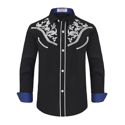 EDFTM Boy's Western Shirt Long Sleeve Embroidered Cowboy Casual Snap Button Shirt Black White 13-14 Years