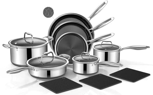 Yoehka 14-Piece Hybrid Stainless Steel Cookware Set with 3 Silicone Trivets