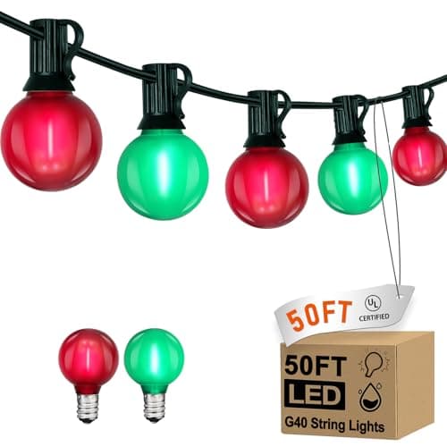 G40 LED Outdoor Christmas String Lights 50FT Hanging Globe String Light with 27 LED Shatterproof Frosted Red Green Lights(2 Spare), Waterproof Patio String Lights for Balcony Backyard Pergola Decor