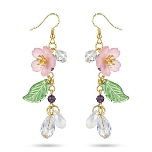 Kruckel Cherry Blossom Earrings for Women, Pink Sakura Flower Dangle Earrings with Green Leaf & Crystal Drop, Lightweight Hypoallergenic Spring Floral Jewelry Gift