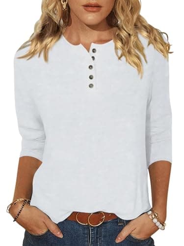 EADINVE Womens Crew Neck 3/4 Sleeve Tops Basic Button T-Shirts Solid Loose Cute Tunic Tee Blouses Fit Pullover White Small