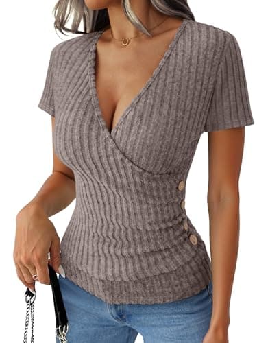 ANRABESS Womens Tops Short Sleeve V Neck Sexy Ribbed Knit Slim Fit Lightweight Sweater 2026 Summer Dressy Casual T-Shirts X-Large