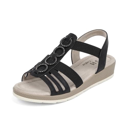 VJH confort Women’s Flat Sandals Open Toe Elastic Ankle Strap Slip on Comfy Low Wedge Sandals(Black 1,8)